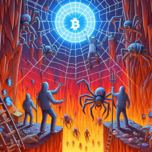 Bing prompt : nft scammers descending into the seventh layer of hell where gigantic spiders and spider webs themed after crypto&nbsp;symbols