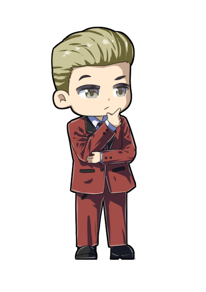 Anthony Rogers wearing a reddish brown suit at work. Art by Irpan AKA Panart