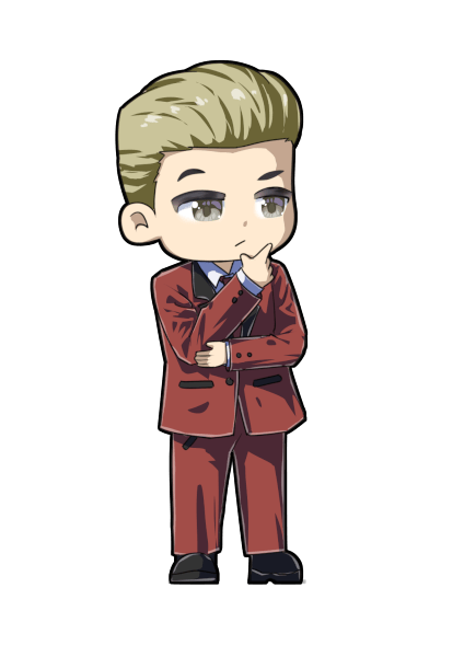 Anthony Rogers wearing a reddish brown suit at work. Art by Irpan AKA Panart