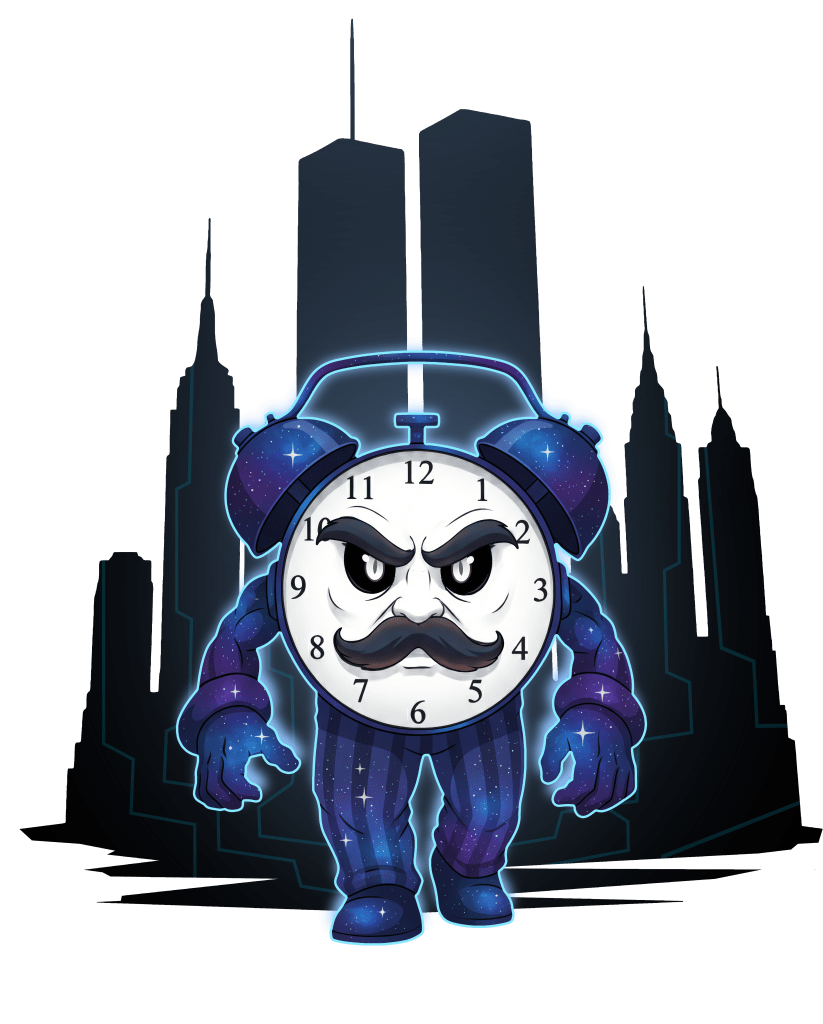 The Unknown Beast - Art By Sifou - An evil clock man walks towards you with the Manhattan skyline and the WTC towers in the background.