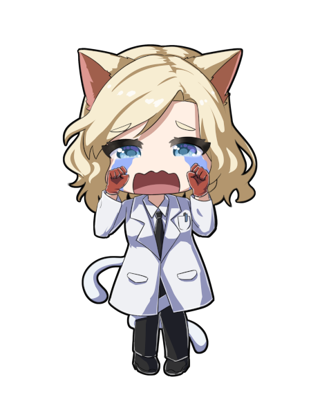 Kagakusha Neko #1 Illustrated by the awesome Irpan aka Panart! A blonde catgirl with two tails is crying. She is wearing a labcoat.