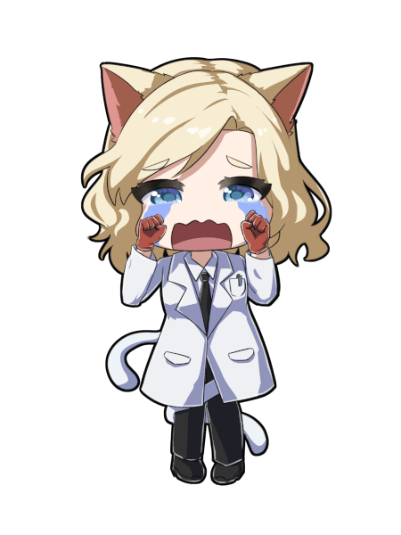 Kagakusha Neko #1 Illustrated by the awesome Irpan aka Panart! A blonde catgirl with two tails is crying. She is wearing a labcoat.