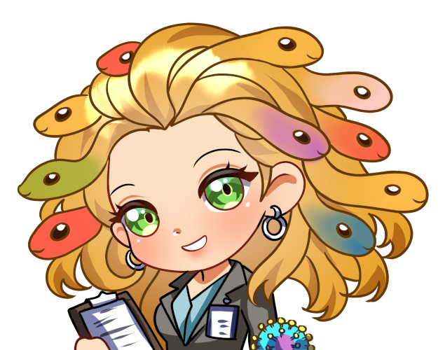 Medusa With Her Clipboard By Hikaru Haruka - Pretty little golden haired Medusa with multi-colored snakes, working for the CDC with a clipboard in her hands.