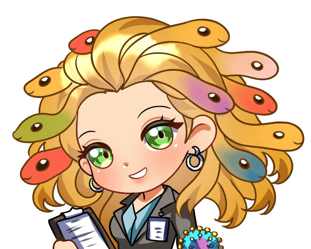 Medusa With Her Clipboard By Hikaru Haruka - Pretty little golden haired Medusa with multi-colored snakes, working for the CDC with a clipboard in her hands.