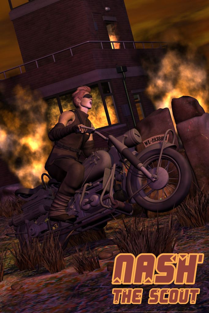Art showing were-lynx Nash "The Scout" riding a vintage motorcycle through a burning city. Art by Brandon K Montoya, 2011, through Daz3D