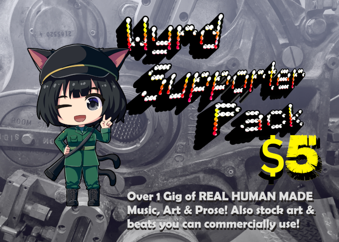 Wyrd Supporter Pack - For five dollars you get a gig of goodies from music to stock images, prose and art. Features Lt Kuroneko flashing a peace sign.