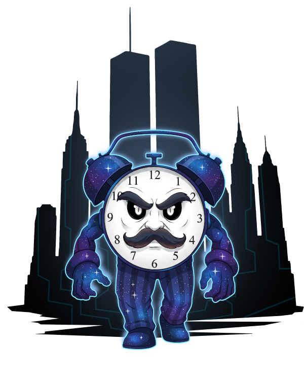 The Unknown Beast - Art By Sifou - An evil clock man walks towards you with the Manhattan skyline and the WTC towers in the background.