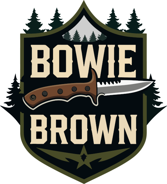 Bowie Brown Logo By Emil - Features the words "Bowie Brown" a knife and trees on an emblem style logo.