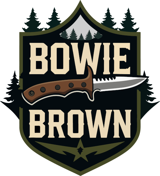 Bowie Brown Logo By Emil - Features the words "Bowie Brown" a knife and trees on an emblem style logo.