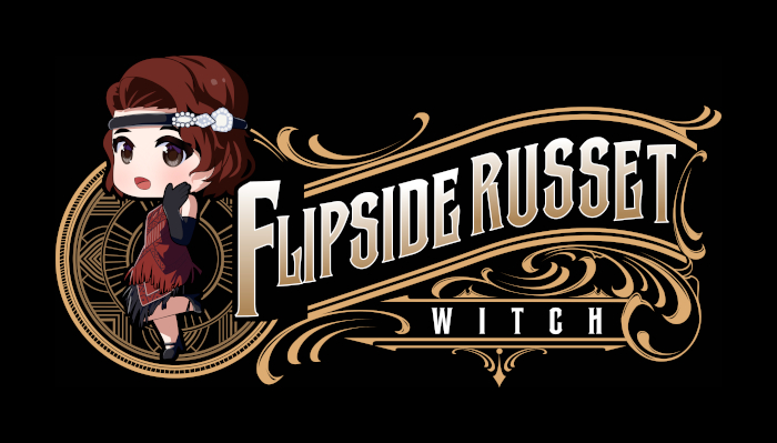 The "Flipside Russet Witch" logo which features chibi art by Irpan aka Panart and logo work by Hazel M.