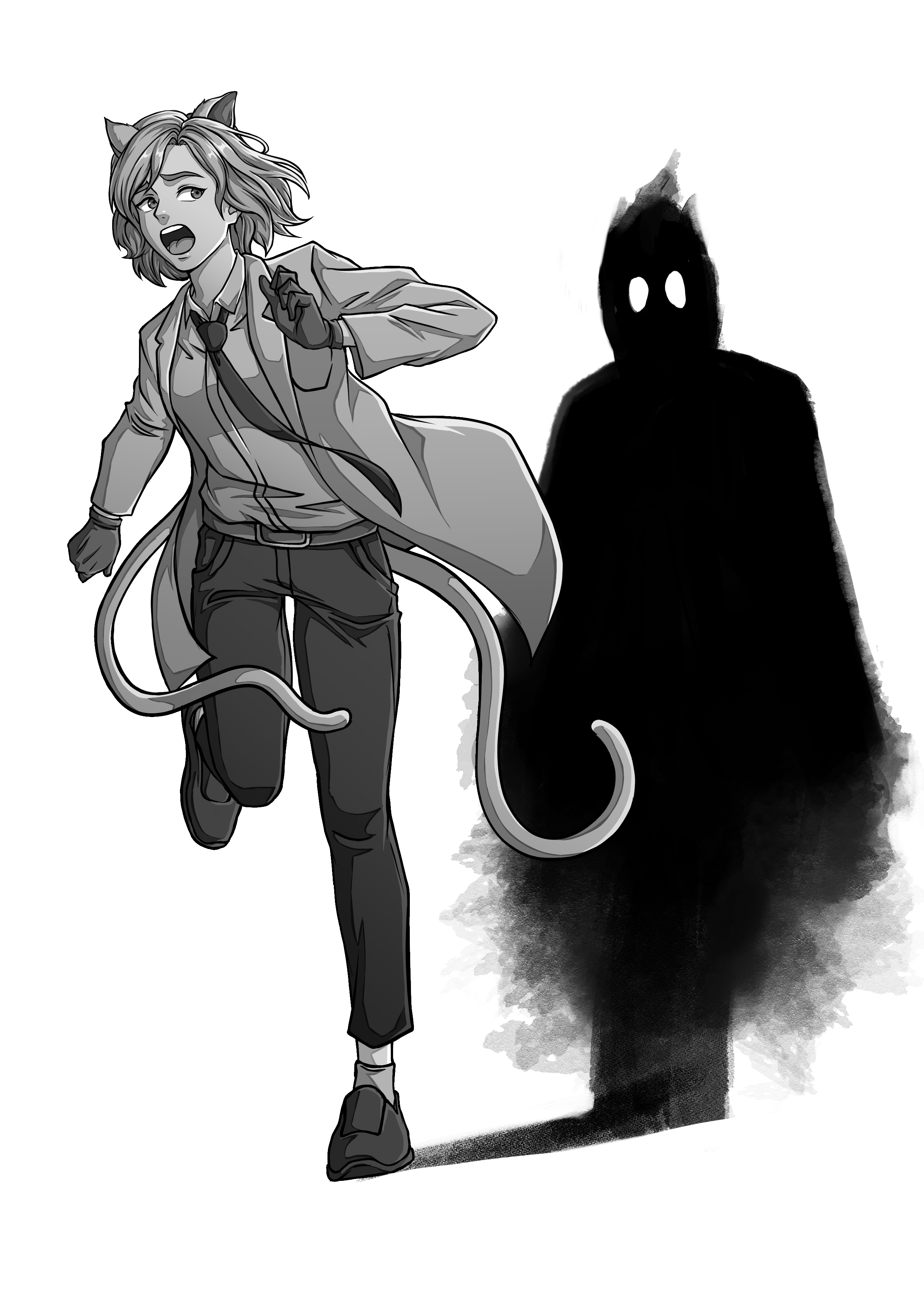 Kagakusha Neko Running From A Ghost Shadow Art By Nanda