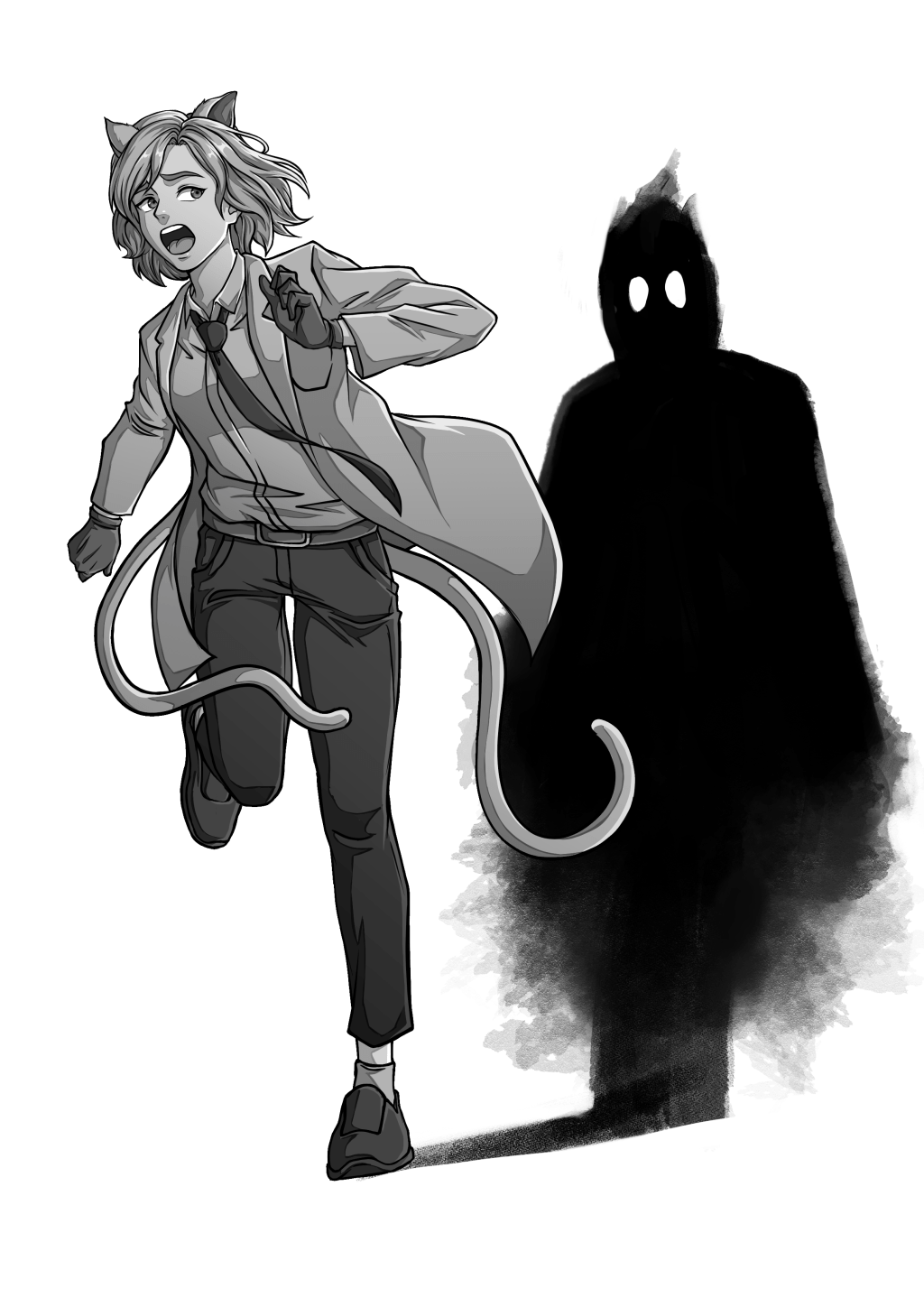 Kagakusha Neko Running From A Ghost Shadow Art By Nanda