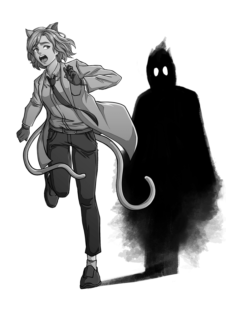 Kagakusha Neko Running From A Ghost Shadow Art By Nanda