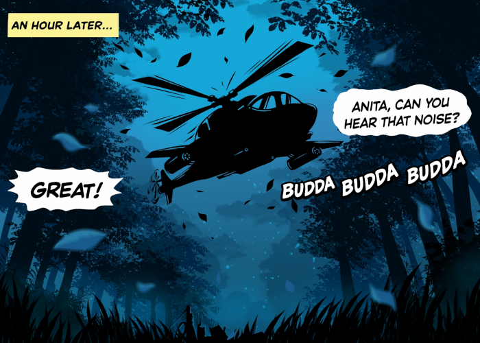 Red Krewe Page 8 Panel 2 Art By Mona From Madex - A helicopter is on the move "Anita can you hear that noise" "Great" "budda budda budda"