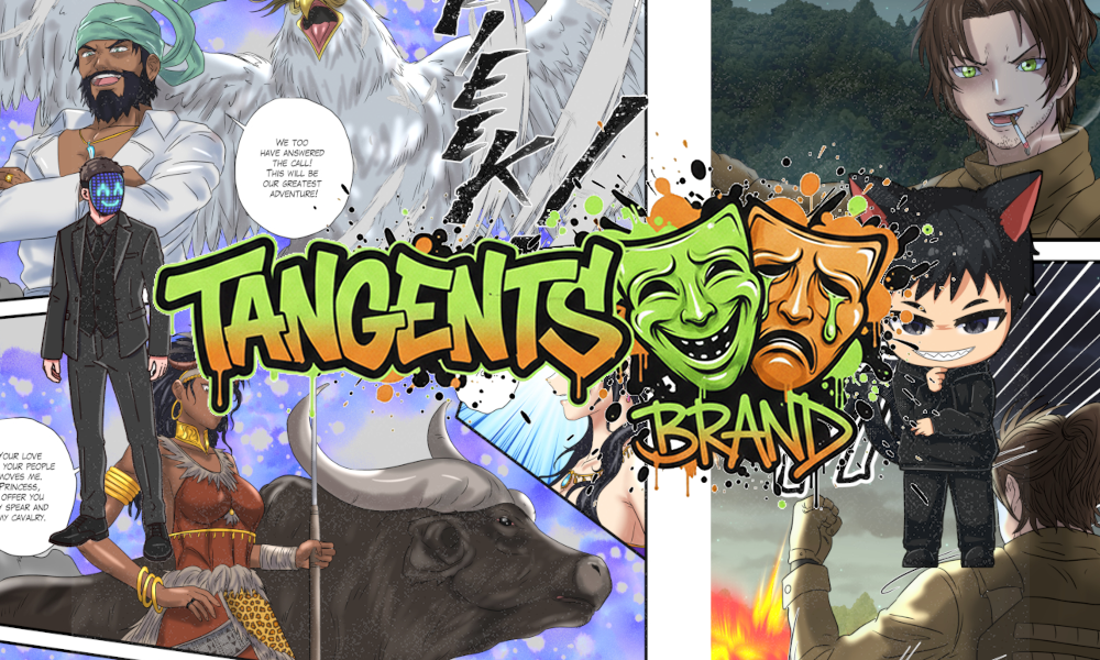 Tangents Brand Logo - Graphics embedded version 1 featuring comics and pinups from various artists